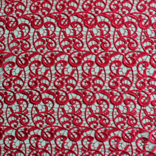 Red Embroidered Lace Fabric Polyester Chemical Fabric Guipure
