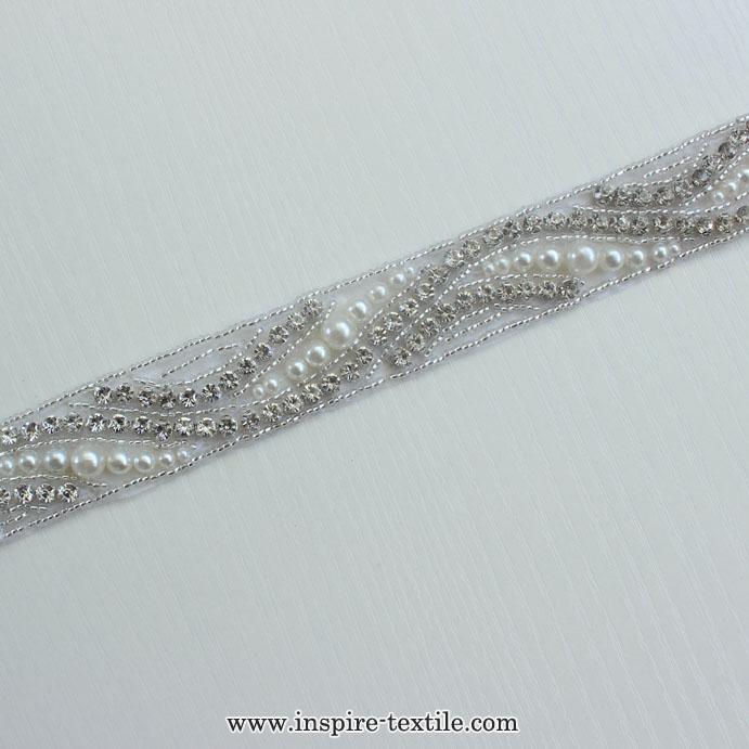 XB010 Pearl Rhinestone Trim By The Yard Thin Bridal Trim Luxury Silver Rhinestone Crystal Applique