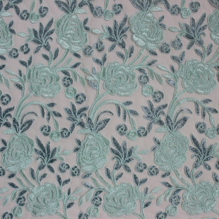 XP0644 Aqua Polyester Embroidery Shiny Cord Spangle Mesh Lace Fabric