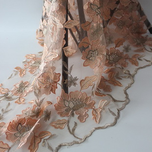 XF2884 Pink Gold Floral Embroidery Tulle Lace Fabric For Women Clothing