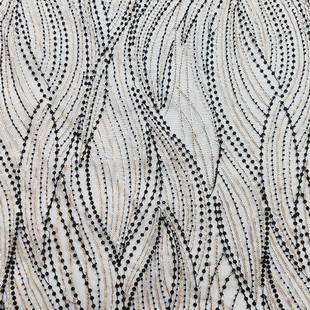 XW5250 Gold Sequin With Black Beads On Black Mesh Embroidery Fabric
