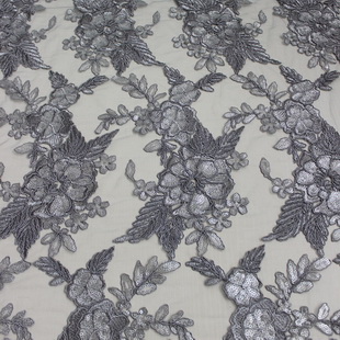 XP0675 Grey Color Mesh 3MM Sequins Cord Embroidery Lace Fabric