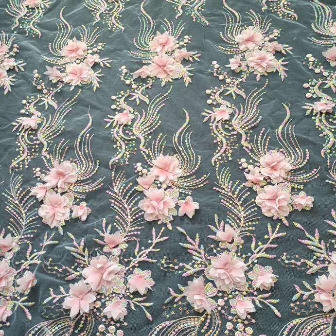 XF6003 Embroidery Tulle 3D Flower Sequined Lace Fabric For Midi Dress