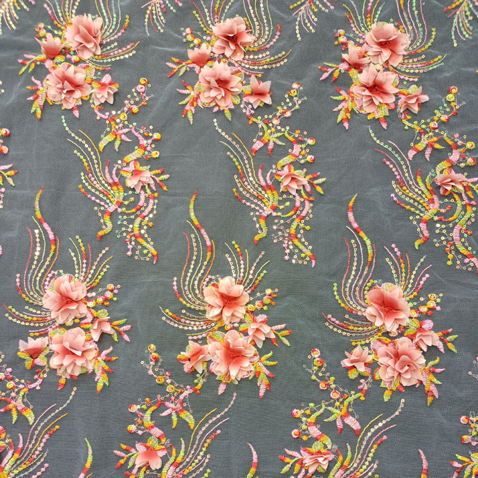 XF6003 Embroidery Tulle 3D Flower Sequined Lace Fabric For Midi Dress