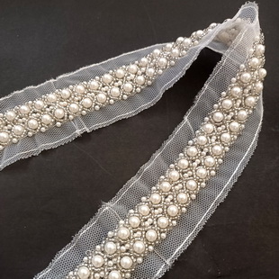 XB150 23MM Handmade Beaded Lace Pearled Tulle Trimming For Wedding Dress