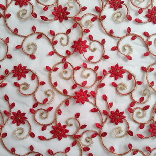 XF6031 Dress Fabric Red Flowers Embroidered Net Lace Fabrics For Clothing