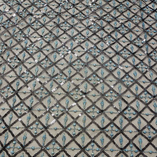 XF6035 Blue Mesh Embroidery Fabric Black Sequin For Ladies Garment