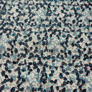 XF6051 Navy Embroidered Mesh Lace Sequin Fabric For Fashion Apparel