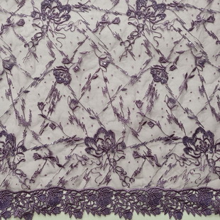 XF6053 Purple Embroidery tulle Fabric Bordered For High Grade Garment