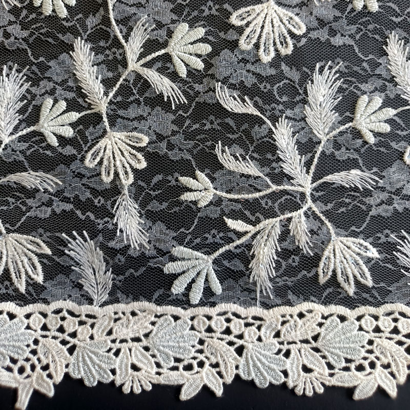 XF6054 Cream Lace Embroidery Fabric With Transparent Sequin Dressmaker Lace