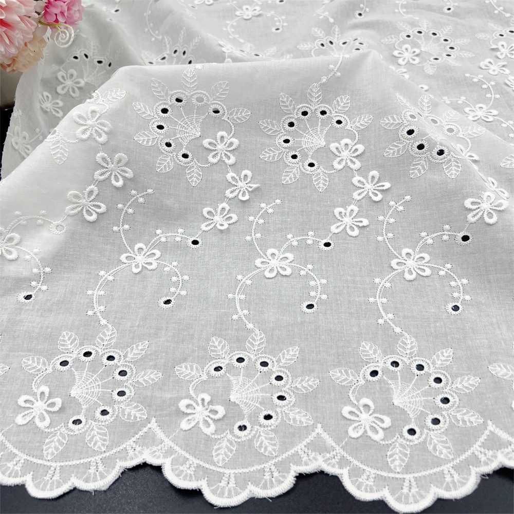 Manufacturer In-Stock Cotton Eyelet Fabric with 3D Small Flower Dry Lace Embroidery for Girls' Dresses Shirts Shoes Hats XE305