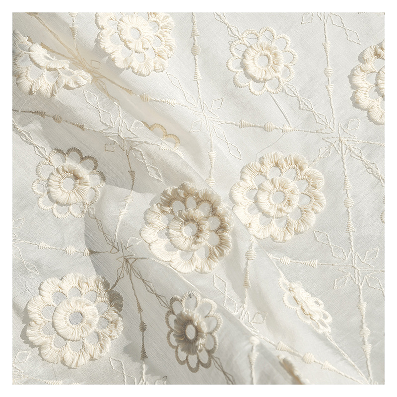 White Three-dimensional Flower Embroidery Breathable Knitted Fabric for Dresses Skirts Shirts Wedding Use XE310