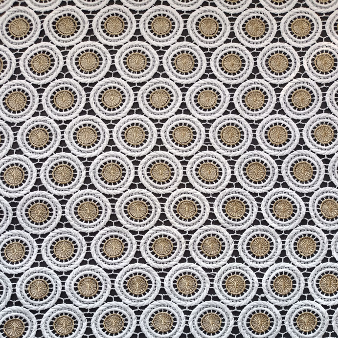 Regular Patterns White and Gold African Guipure Cord Lace Fabric DXS1650