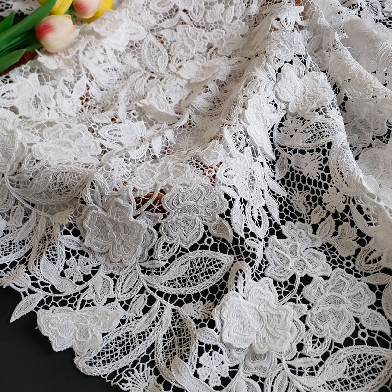 Soft White African French Guipure Lace Fabric – High Quality Water Soluble for Wedding Dress GXS1783