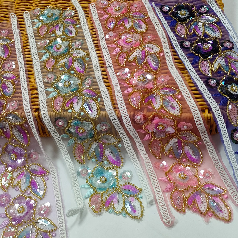 Colorful Sequins Ribbon – Embroidered Organza Flowers Lace Trim for Shoes Bags Clothing XB189