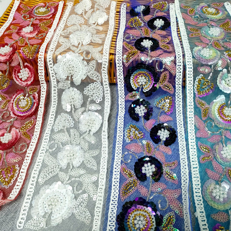 New Designs Customized Gold Lace Trim – 3D Flower Embroidery Trimming Lace with Beads XB195