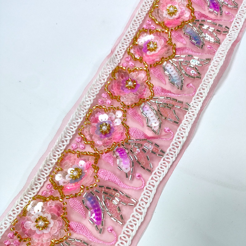 Fancy Traditional Embroidered Lace Border – Sequins Mirror Floral Polyester/Cotton XB196