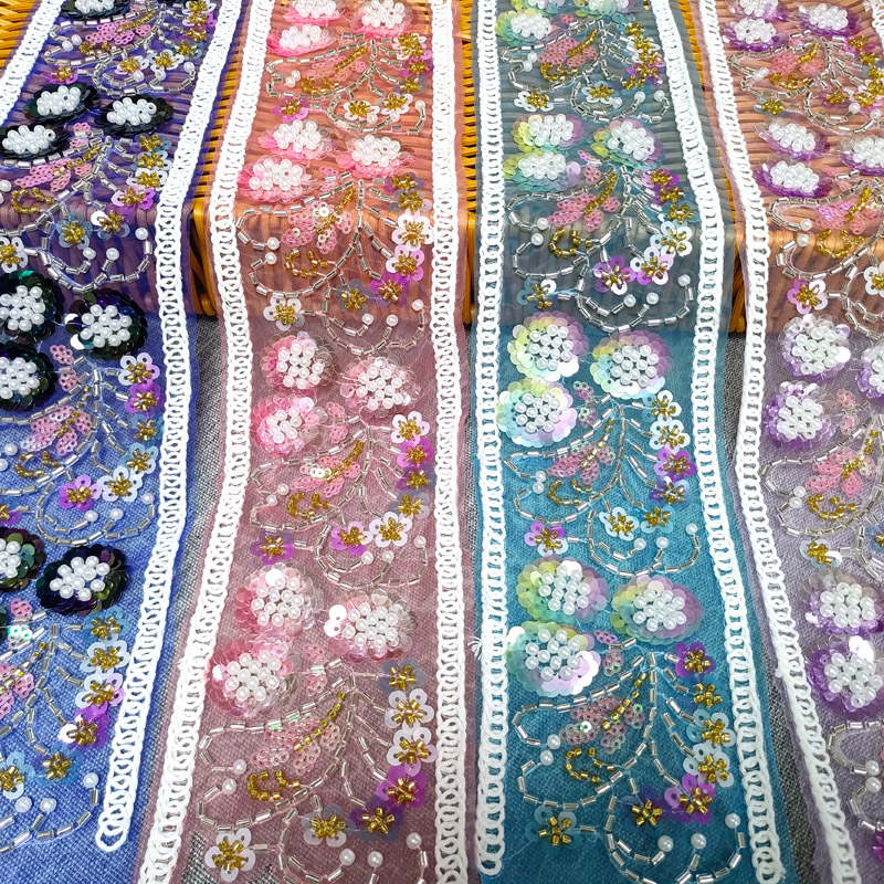 Custom Pearl Sequin Rhinestone Beaded Lace Trim for Clothing XB197
