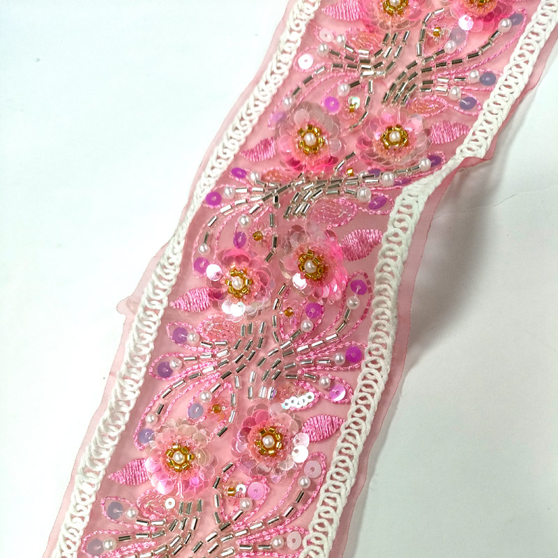 Hot Sale Luxury Ethnic Lace Trim with Sequined Flower Ribbon Embroidered Fabric XB199