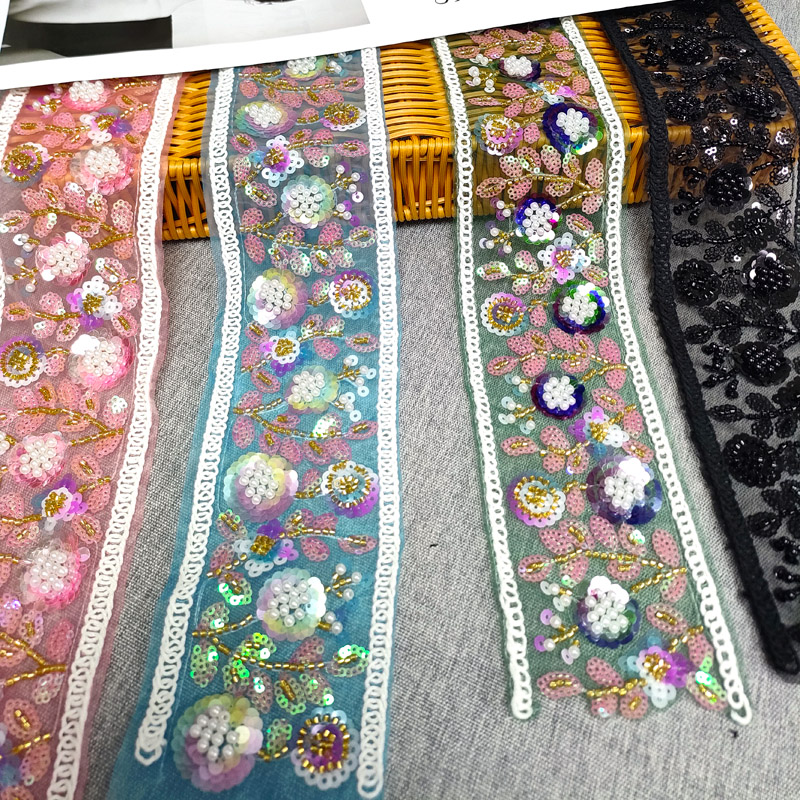 Fashion Colorful Organza Lace Trim – White Gold Bead Embroidery Ribbon for Clothing Accessories XB200