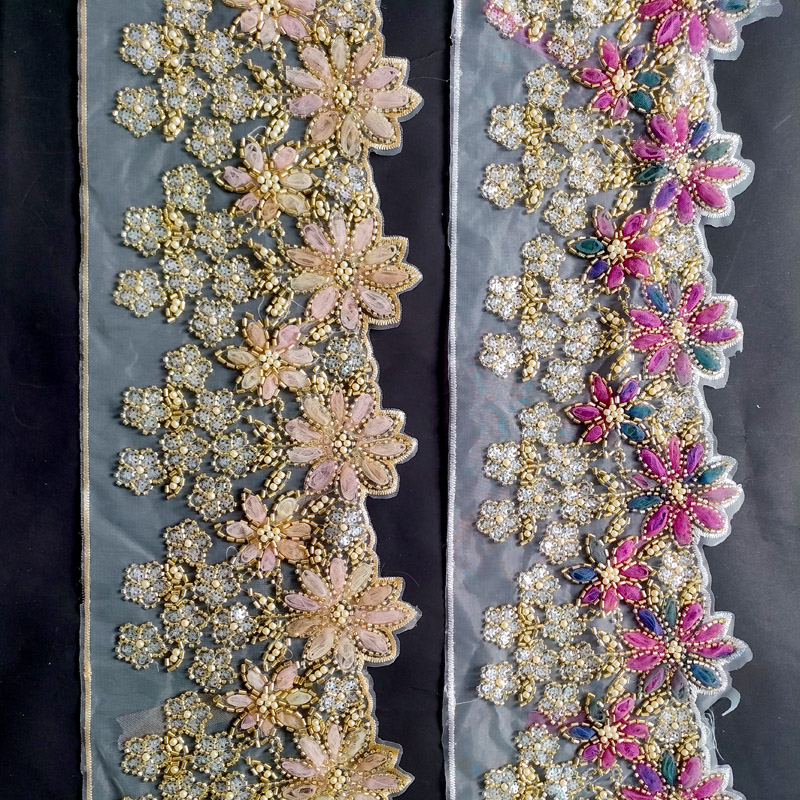 Mesh Fabric with Bead Tube Voile Diamond Thread Floral Lace for Dubai Arabian Women XB203