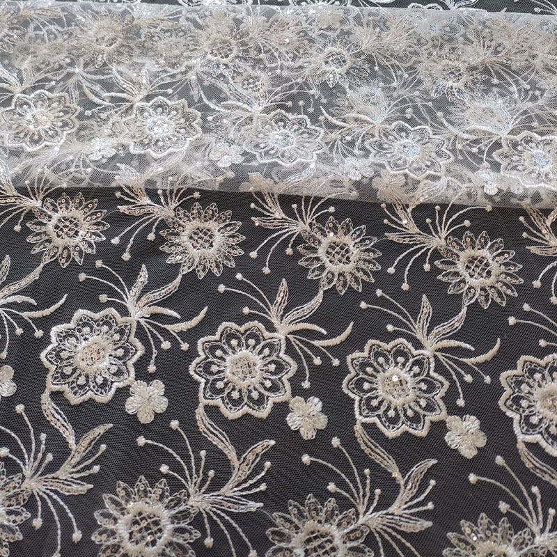 Floral Embroidered Polyester Lace Fabric for Evening Wedding Dress DIY Clothes XF6098