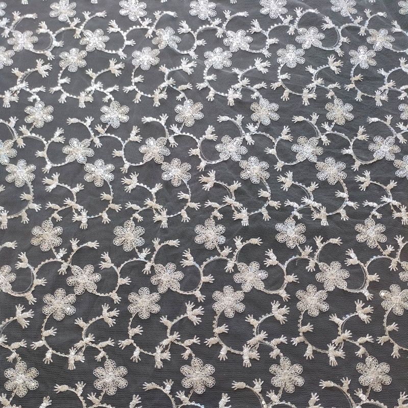 Soft Milk Silk Mesh Embroidered Lace Fabric for Wedding Dress XF6105