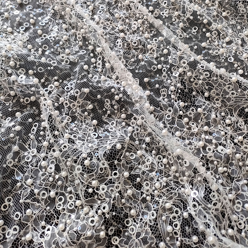 Silver Sequin Bead Embroidery Tulle Lace Fabric for Wedding Evening Dress XW5303