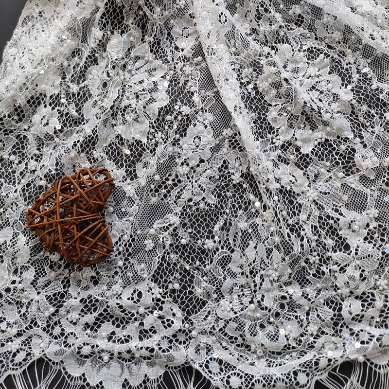 Heavy Beading Black Lace Fabric with Flower Embroidery for Wedding Accessories XW5312