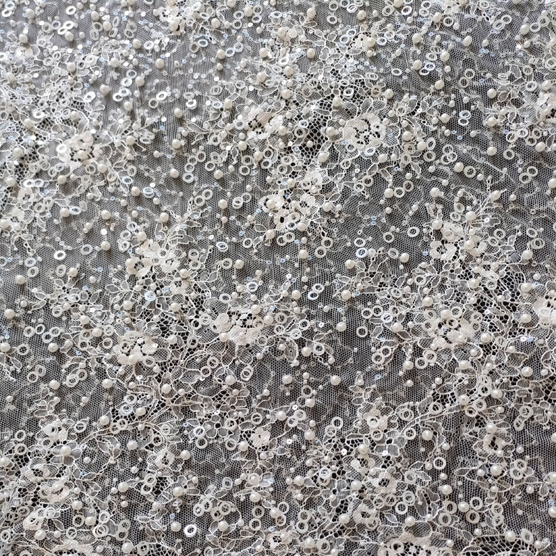 European Style Rayon Embroidered Beaded Sequined Pearl Wedding Dress Fabric XW5314