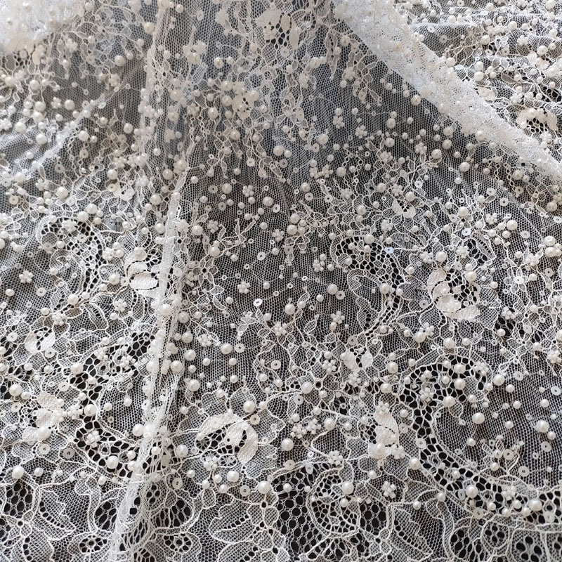 Newest French Luxury Embroidery Pearls Sequin Lace Fabric for Wedding Dress XW5315