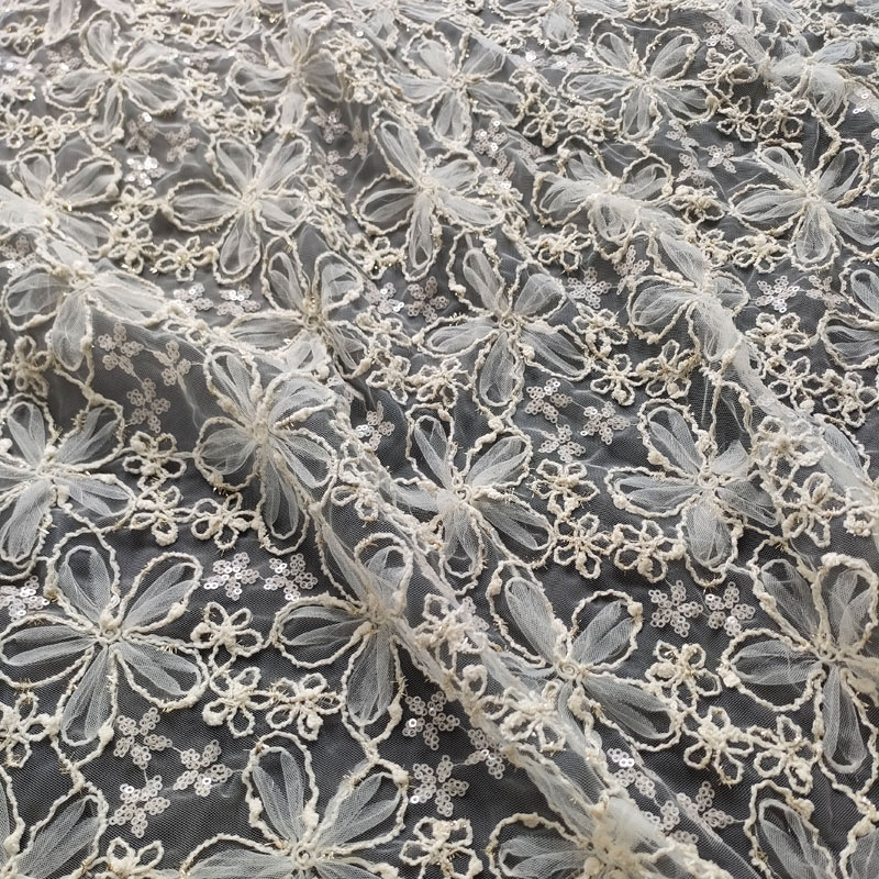 Premium White Embroidery Bridal Lace Fabric Sequin Guipure Lace Fabric for Wedding XP4002