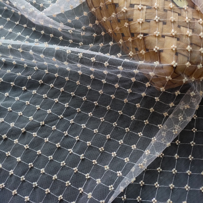 Small Plaid Bead Tube Embroidery Lace Mesh Tulle Fabric for Women Dresses XW5326