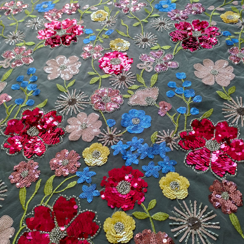 Colorful Floral Beads Embroidered Lace – African Sequins Mesh Fabric XZ5328