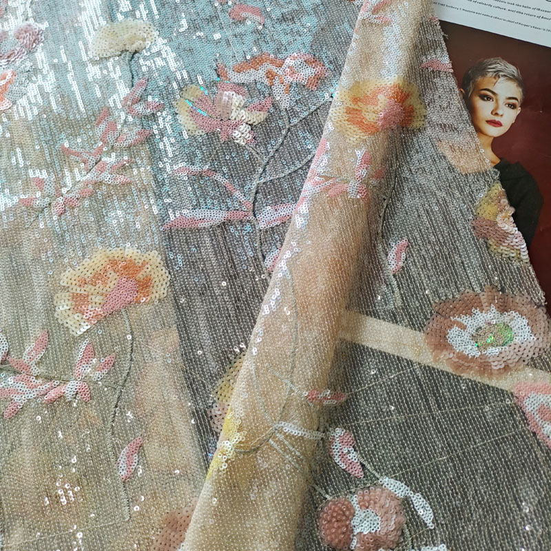 Mesh Sequin Fabric Luxurious Floral Sequin Fabric Unique Patterns Breathable Wedding Dress Fabric XZ5336