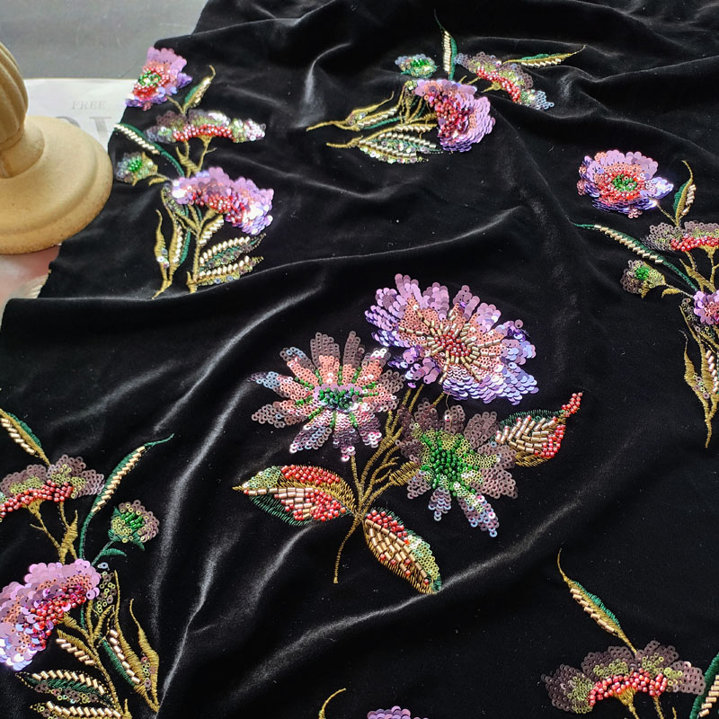 Bead Tube Colorful Embroidery Sequin Velvet Bottom Fabric for Cheongsam Jacket XZ5337