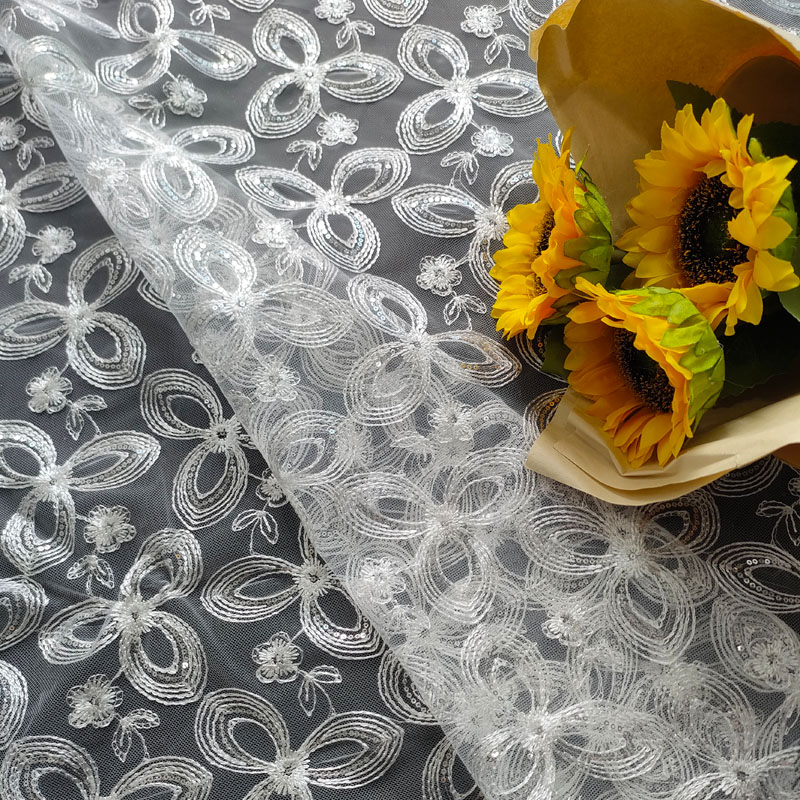 Bowknot Sequin Embroidery Tulle Lace Fabric Polyester Mesh Lace For Wedding Dress Party Garment DIY XF6121