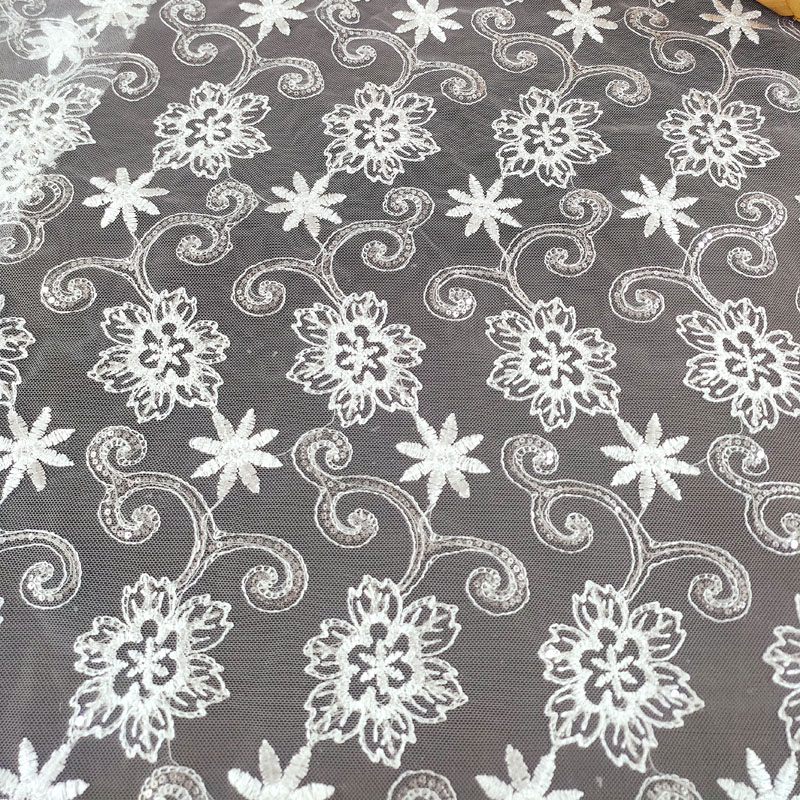 Scroll Vine Floral Embroidery Tulle Lace Fabric Polyester Mesh Lace XF6125