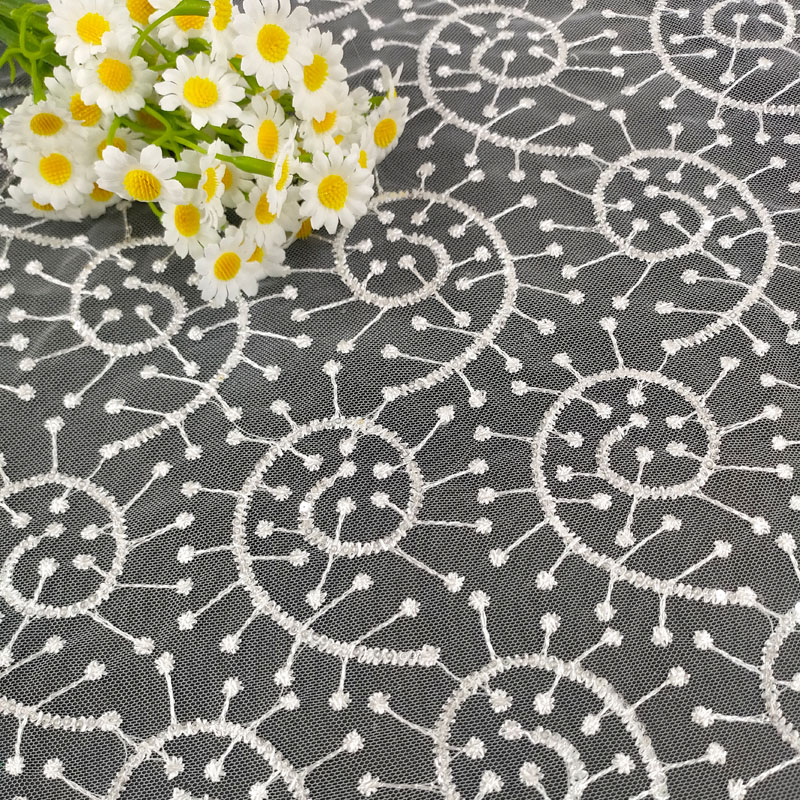 Circle Dot Floral Embroidery Tulle Lace Fabric Polyester Mesh Lace For Wedding Dress XF6126