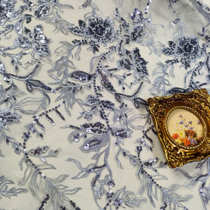 Blue Floral Beaded Sequin Embroidery Tulle Lace Fabric For Wedding Dress Evening Gown Bridal Apparel XF6127