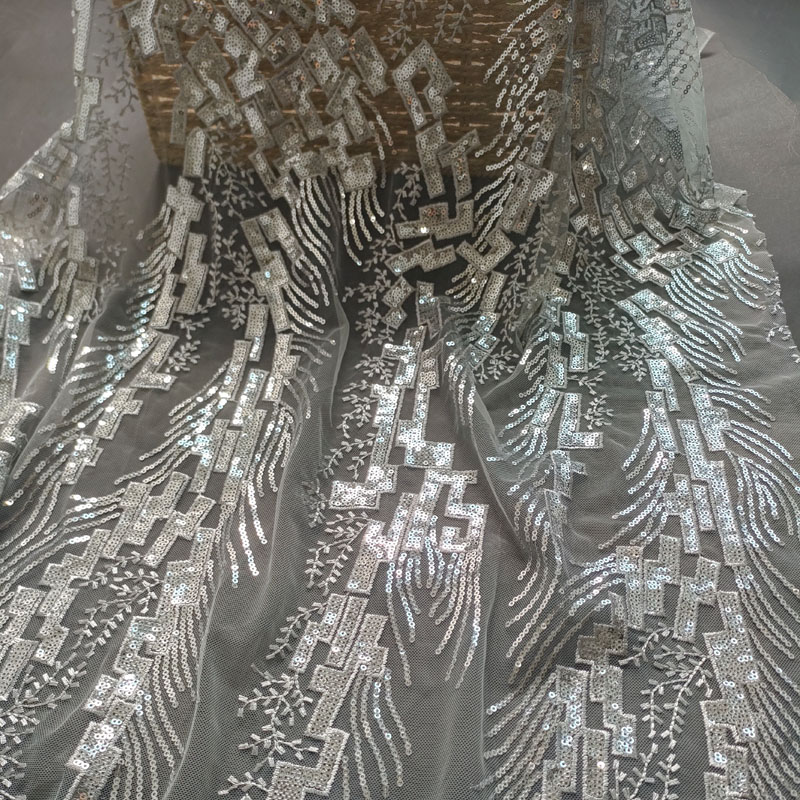 Silver Geometric Fringe Sequin Embroidery Tulle Lace Fabric For Evening Gown Stage Costume Bridal Dress XF6133
