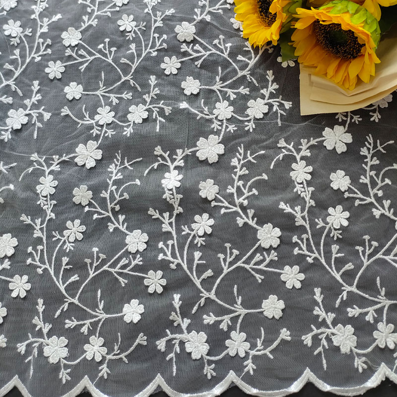 Sprig Floral Scalloped Edge Embroidery Tulle Lace Fabric For Wedding Dress XF6137