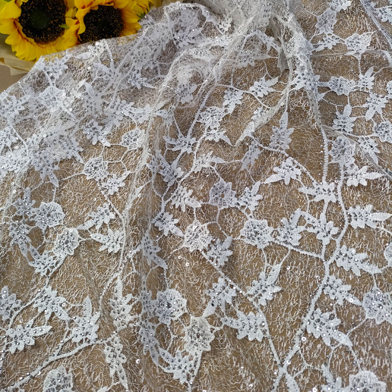 Vine Floral Sequin French Lace Fabric For Wedding Dress Bridal Gown Formal Occasion Wear XF6144