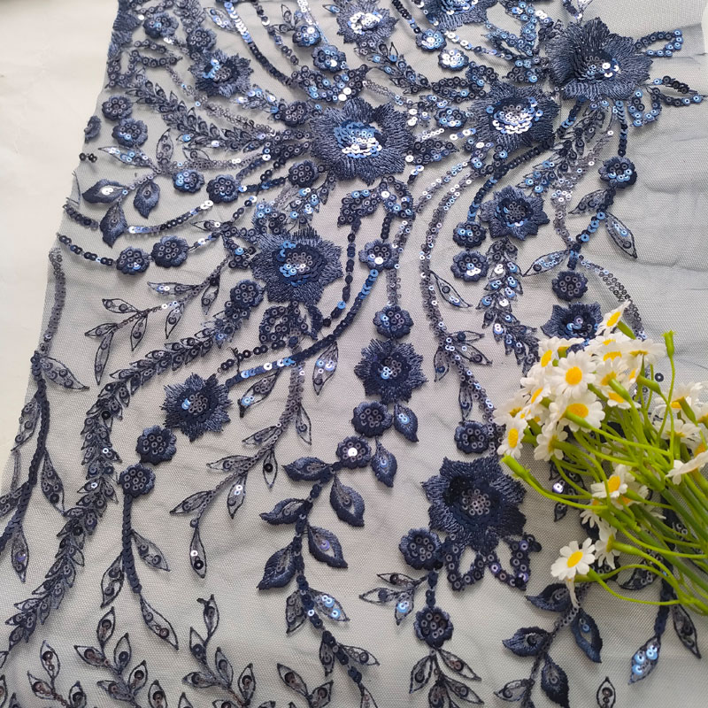 Gradient Blue 3D Floral Sequin Embroidery Tulle Lace Fabric For Wedding Dress Evening Gown Bridal Couture XF6150
