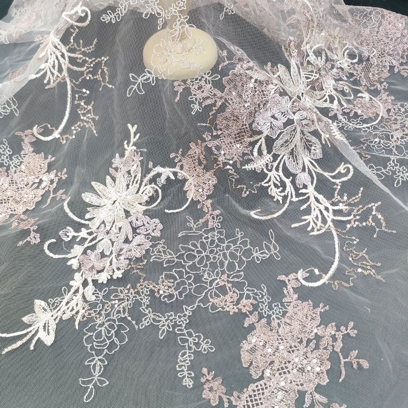 Blush Pink White 3D Floral Embroidery Tulle Lace Fabric XF6151