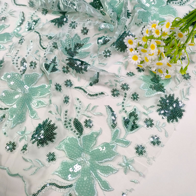 Fresh Mint Green Floral Sequin Embroidery Tulle Lace Fabric For Evening Gown Wedding Bridal Dress XF6152