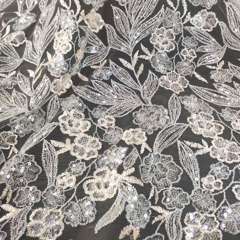 Two-Tone Silver Beige Floral Leaf Sequin Embroidery Tulle Lace Fabric For Evening Gown Formal Bridal Dress XF6153