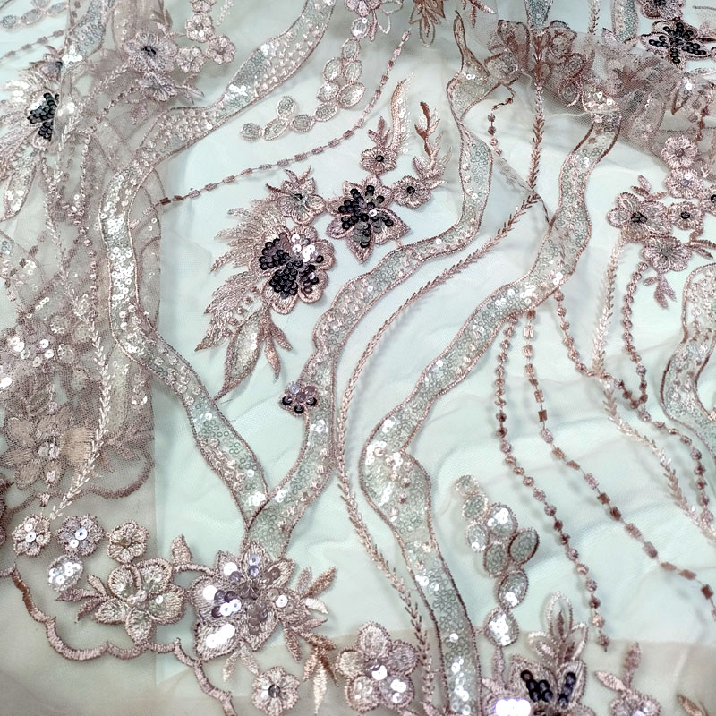 Dusty Pink Wavy Vine Floral Sequin Embroidery Tulle Lace Fabric For Wedding Dress Evening Bridal Gown XF6154