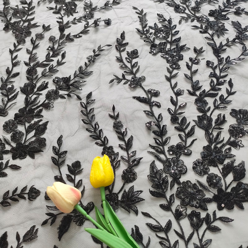 Black Vertical Vine Floral Sequin Embroidery Tulle Lace Fabric XF6155