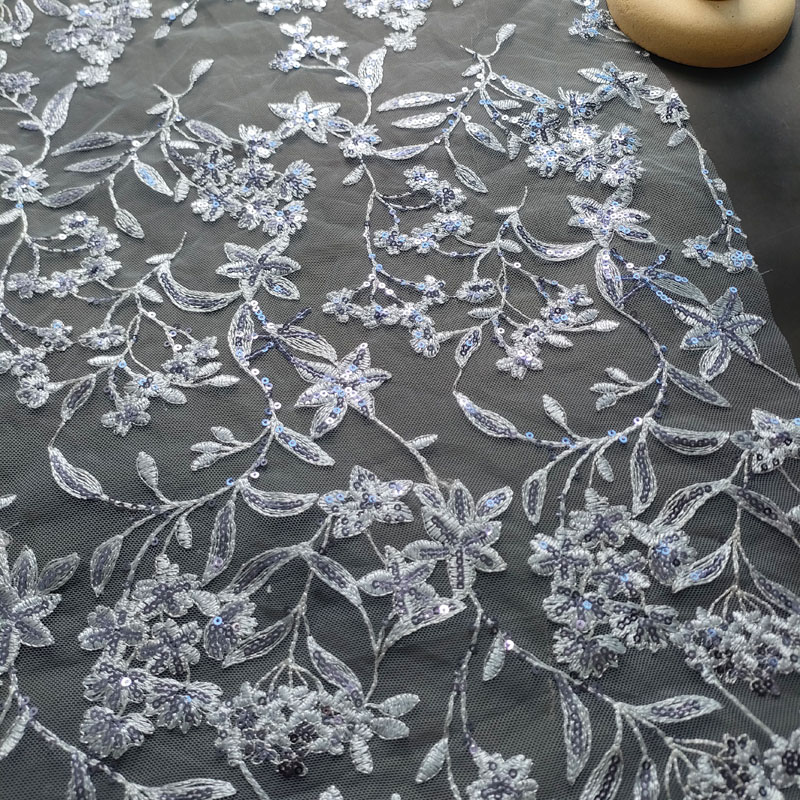 Silver Blue Vine Floral Sequin Embroidery Tulle Lace Fabric For Evening Gown Bridal Formal Dress XF6156